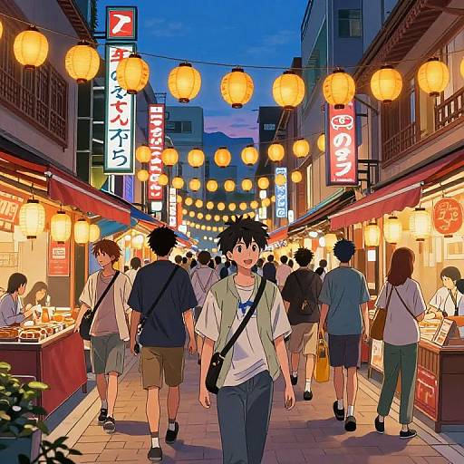 Anime-style digital artwork of a bustling evening street market with colorful lanterns, people shopping, and illuminated food stalls.
