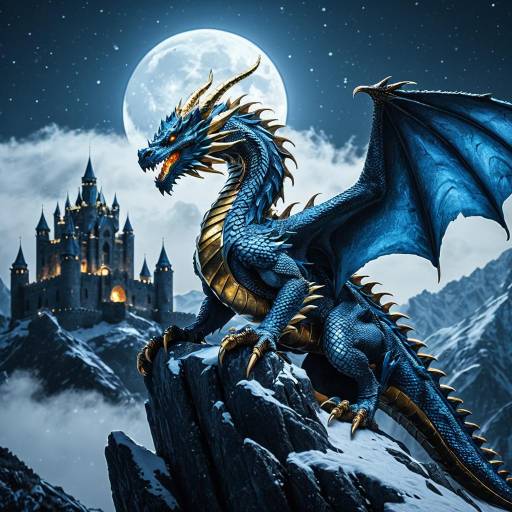 Majestic Blue Dragon on Misty Castle