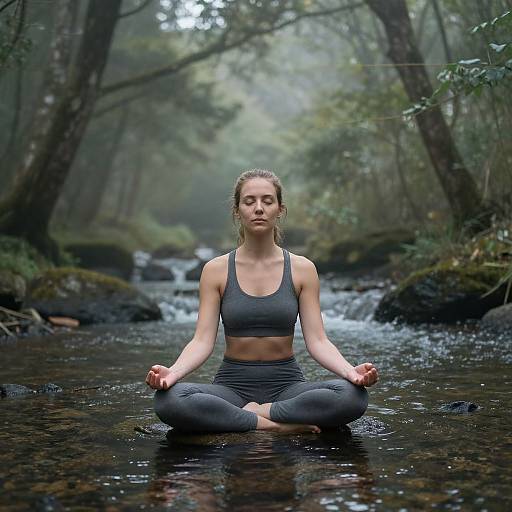 Photograph of a blonde woman with a focused expression, sitting cross-legged in a forest stream, meditating in a black sports bra and leggings.