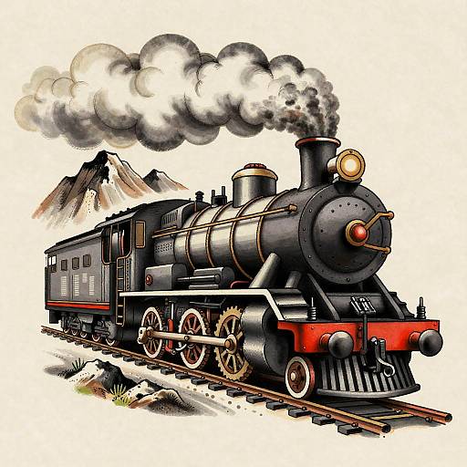 Digital illustration of a black steam locomotive with red accents, white wheels, and black smoke, passing through rocky terrain with mountains in the background.