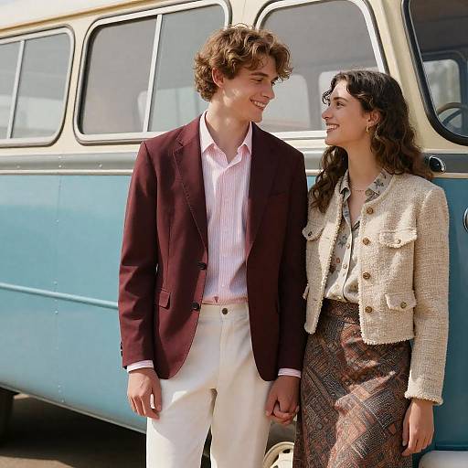 Smiling Couple Beside Vintage Blue Bus