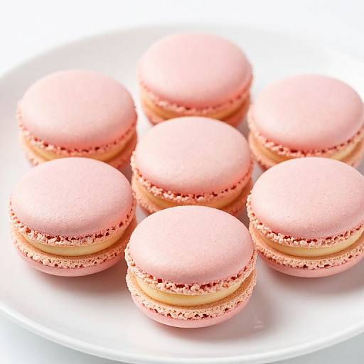 Photograph of eight pink macarons with smooth tops and textured edges, arranged in a circular pattern on a white plate.