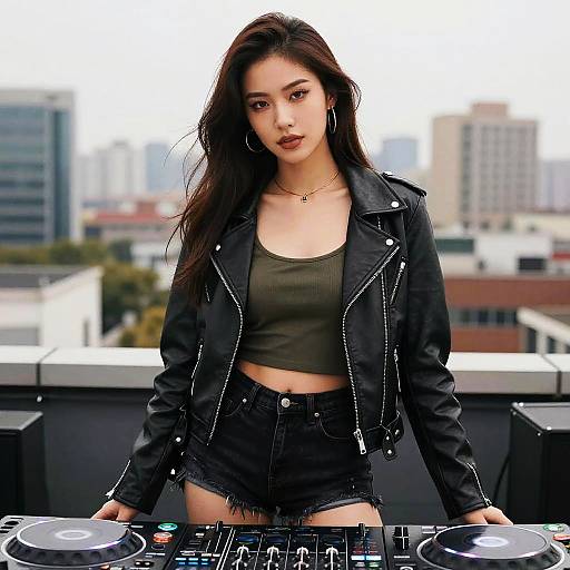 Photograph of an Asian woman with long dark hair, wearing a black leather jacket, olive green crop top, and black denim shorts, standing in front