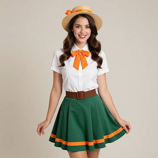 Photograph of a smiling woman with long brown hair, wearing a white shirt with orange bow, green skirt with orange trim, brown belt, and straw