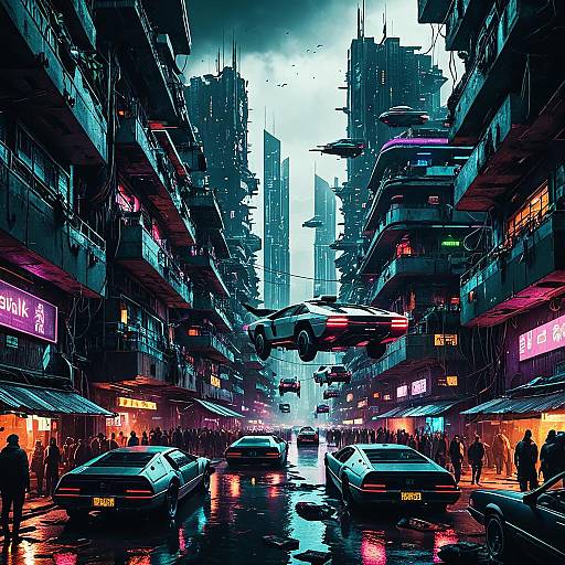 Neon-lit Cyberpunk Floating Slums