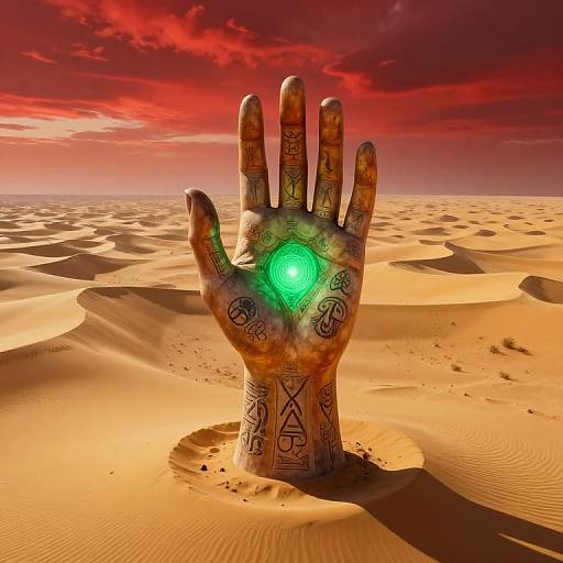 CGI of a glowing, ornate, magical hand with green light emerging from its center, standing in a desert with red sky and dunes.