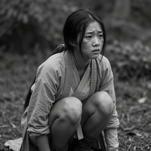 Pensive Asian woman crouching in forest