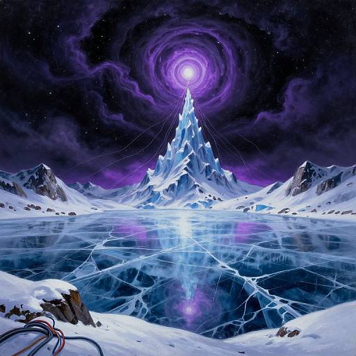 Digital art: Glacial mountain with a glowing purple vortex above, surrounded by icy waters, starry night sky, and snow-covered foreground.
