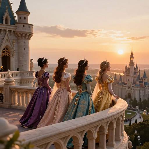 Four princesses in elaborate ball gowns stand on a castle balcony, watching a sunset over a magical kingdom. Digital art.