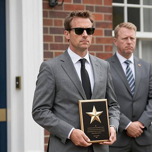 Serious Men with Award Plaque Photo
