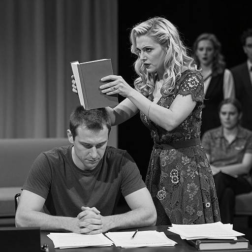 Dramatic Scene with Woman Holding Book Over Man