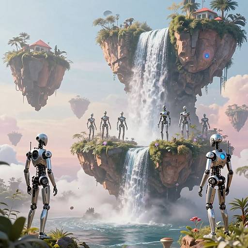 Digital art: Sci-fi scene with robotic figures on floating islands, lush greenery, cascading waterfall, and vibrant sky. Robots with glowing blue eyes