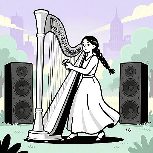 Confident Female Harpist Performing in City Park