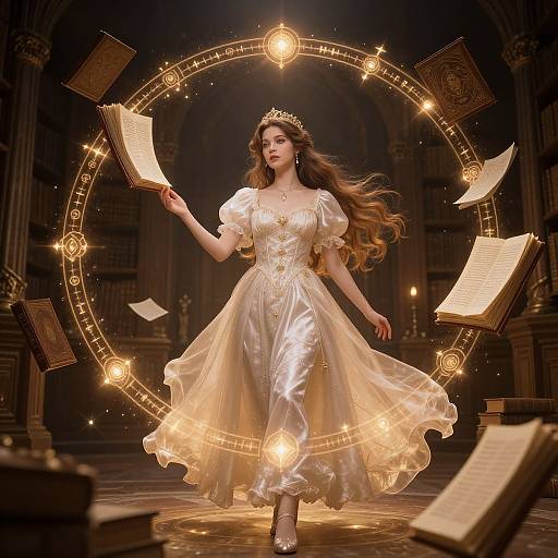 Magical princess in a glowing, golden-tinged, white ball gown floats in a circular halo of floating books and candles, illuminated by enchanting
