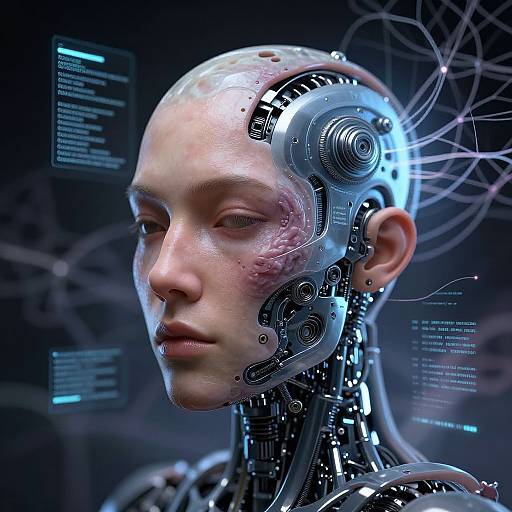 Photorealistic digital artwork of a bald, pale-skinned cyborg woman with intricate mechanical parts on her head and neck, glowing blue wires, and