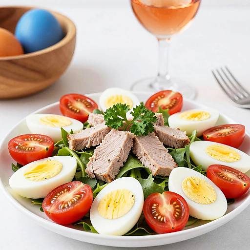 Photograph of a colorful salad with sliced beef, cherry tomatoes, hard-boiled eggs, and greens, garnished with parsley, on a white plate
