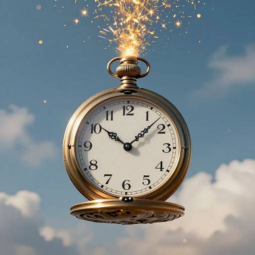 Photograph of an antique, gold pocket watch with a white face and black numerals, floating against a blue sky with clouds, sparking from its top