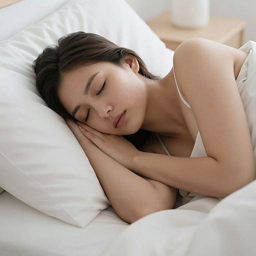 Photograph of a young Asian woman with dark hair, sleeping peacefully on a white pillow and bed, wearing a white tank top. Soft natural light.