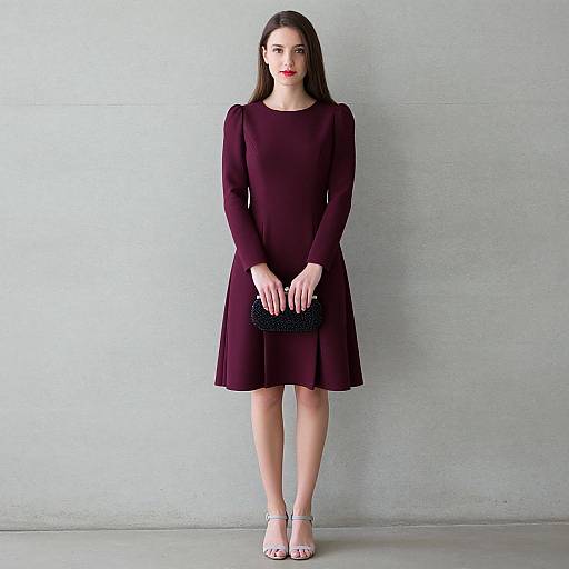 Photograph of a young woman with fair skin, straight black hair, and red lipstick, wearing a long-sleeve, knee-length maroon dress