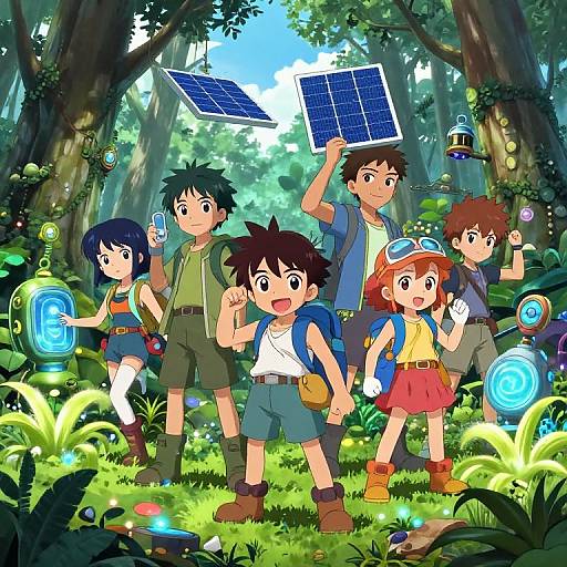 Anime-style illustration of five children in a vibrant forest, holding solar panels and glowing orbs, wearing outdoor gear, and smiling. Bright, colorful, and