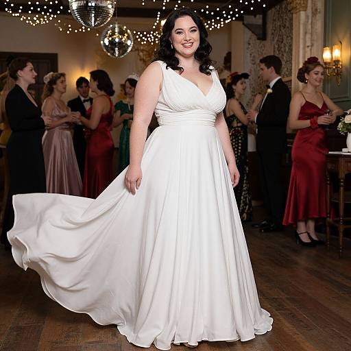 Photograph of a curvy, dark-haired woman in a white, sleeveless, V-neck gown, standing in an elegant, string-lit ball