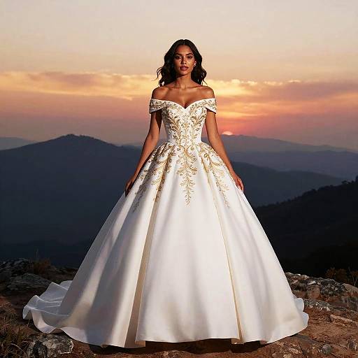 Photograph of a woman with dark hair wearing an off-the-shoulder, white, lace-embellished wedding gown, standing on rocky terrain