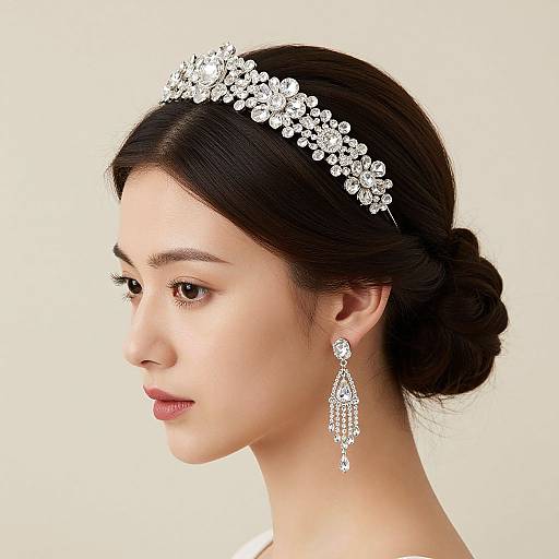 Photograph of an East Asian woman with fair skin, dark hair in an elegant bun, wearing a sparkling tiara and matching dangling earrings, against a