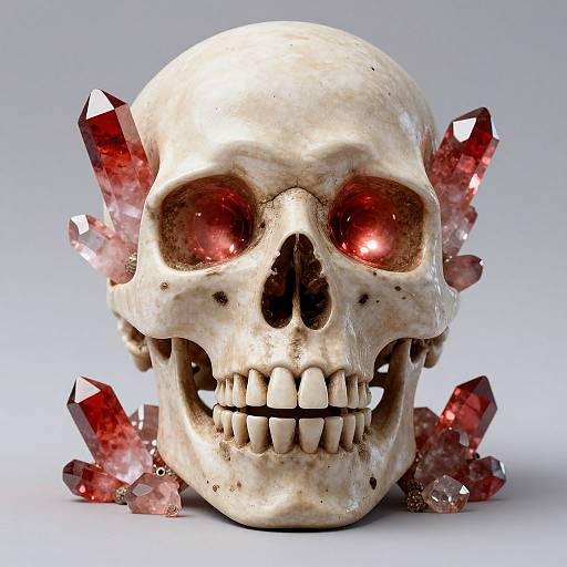 Photorealistic digital image of a white skull with glowing red eyes, surrounded by red crystal shards, against a gradient gray background.