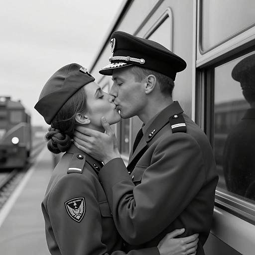 Romantic Train Station Kiss in B&W