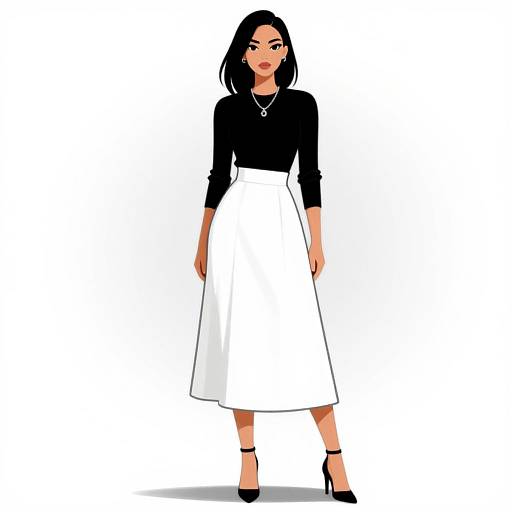 Digital illustration of a stylish woman with black bob, black long-sleeve top, white A-line skirt, black heels, and necklace.