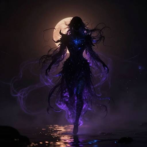 Digital artwork of a silhouetted, ethereal figure with flowing, dark hair and glowing purple accents, standing in water under a full moon.