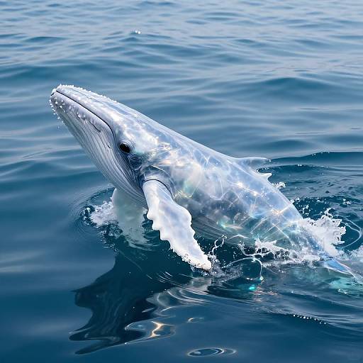Photograph of a surfacing humpback whale with white, splashing water on dark blue ocean, showing its large head and textured skin.