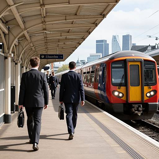 Photograph of a busy London Underground station with businessmen in suits walking towards a red and yellow train, carrying briefcases. City skyline visible in the background