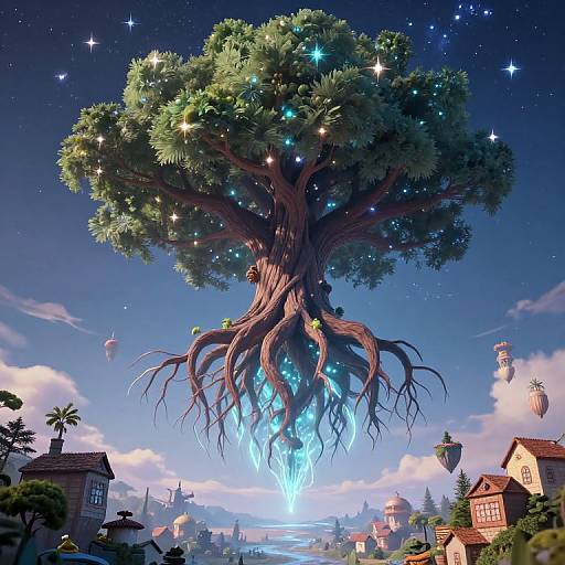 Fantastical digital artwork of a glowing, star-adorned giant tree with sprawling roots, floating above a quaint village under a starry night sky