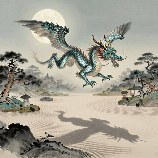Digital illustration of a blue, dragon with red accents soaring above a serene, sand-swept Japanese garden under a bright full moon.