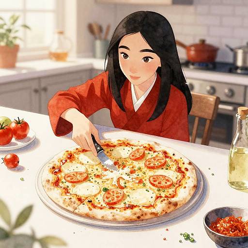 Digital illustration of an Asian woman with long black hair, red kimono, slicing a pizza topped with tomatoes and herbs in a bright kitchen.