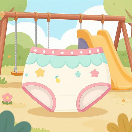 Digital illustration of a child's diaper hanging on a wooden swing set in a colorful, sunny park with green trees and flowers.