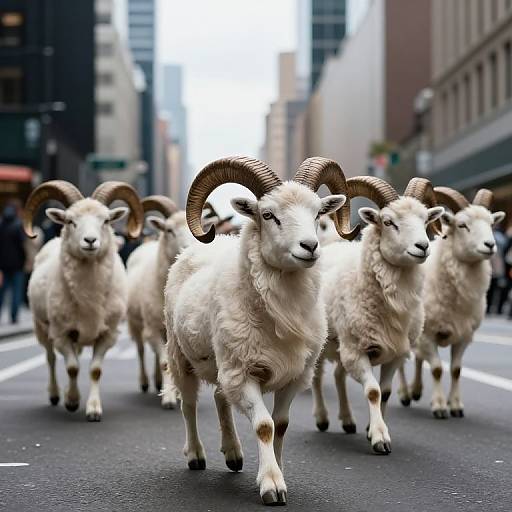 Photograph of six large, white, horned rams walking in a city street, with blurred skyscrapers and pedestrians in the background.