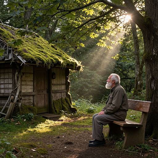 Photograph of an elderly white man with white beard, wearing brown jacket and pants, sitting on wooden bench, gazing at sunlit moss-covered wooden