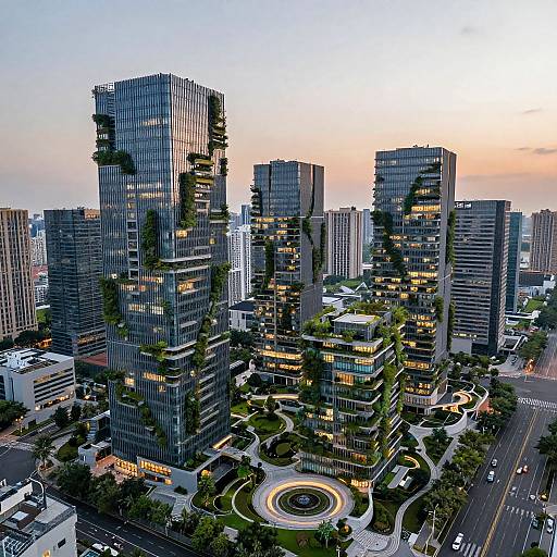 Photograph of a modern urban skyline at sunset, featuring tall glass skyscrapers with green rooftop gardens, illuminated windows, and curved, tree-lined streets