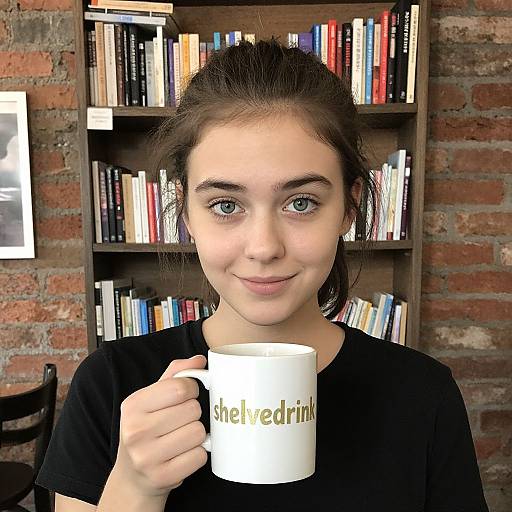 Photograph of a young woman with light skin, brown hair, and blue eyes, holding a white mug with 