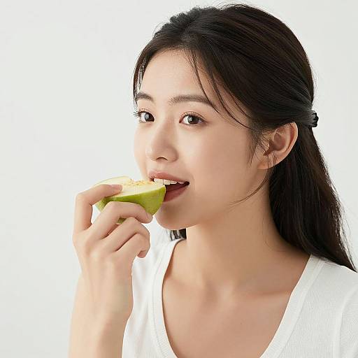 Photograph of an Asian woman with long black hair, fair skin, and brown eyes, eating a green apple, wearing a white shirt, against a