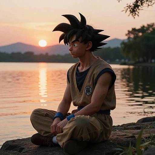 Photograph of Goku, a muscular anime character with spiky black hair, sitting cross-legged on a rock by a tranquil lake at sunset, wearing brown