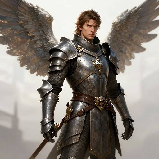 Digital art of a muscular, brown-haired man with angel wings, wearing ornate, silver medieval armor, standing confidently against a bright white background.