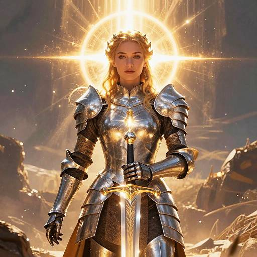 Photorealistic digital art of a radiant blonde woman in shining silver armor, holding a sword, with a glowing halo and dramatic mountainous background.