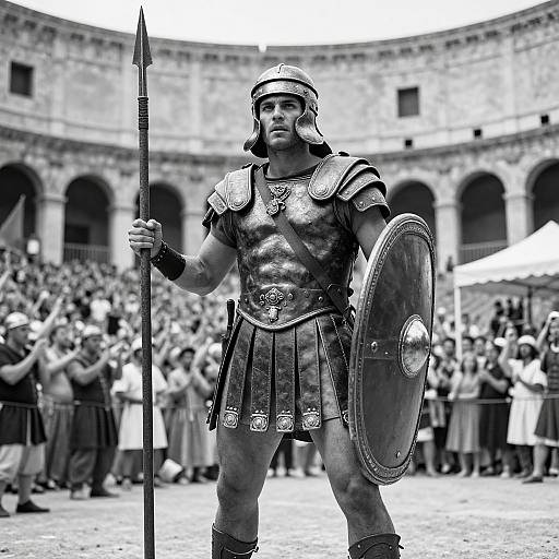Black-and-white photo of a muscular male gladiator in Roman armor, holding spear and shield, standing in a crowded ancient coliseum.