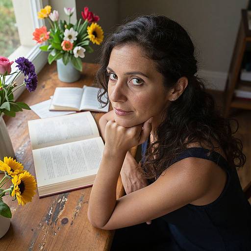 Photograph of a middle-aged woman with dark curly hair, wearing a black sleeveless top, resting her chin on her hands, reading two open books