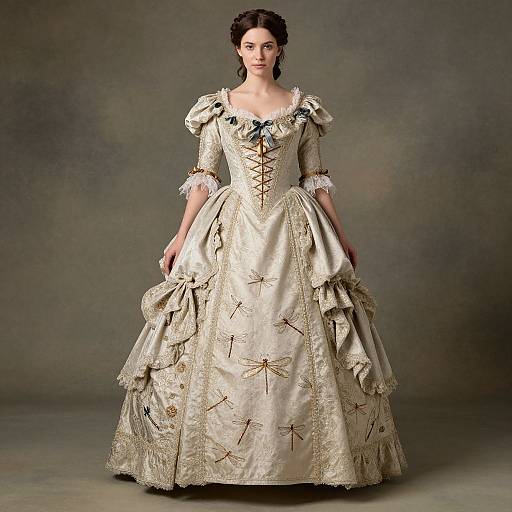 Photograph of a fair-skinned woman with dark hair in an elaborate, cream-colored, 18th-century-style gown adorned with brown floral embroidery and