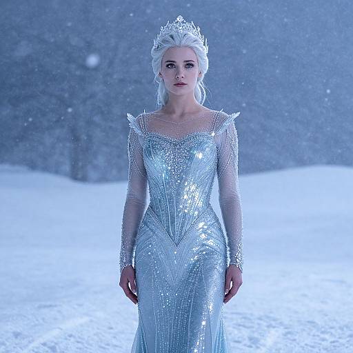 Photograph of a white-haired woman in a shimmering silver snow queen gown with crystal crown, standing in a snowy forest.