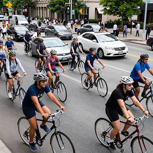 Photograph of a diverse group of cyclists wearing helmets and athletic gear, riding in a city street alongside cars and pedestrians. Urban background with buildings, trees